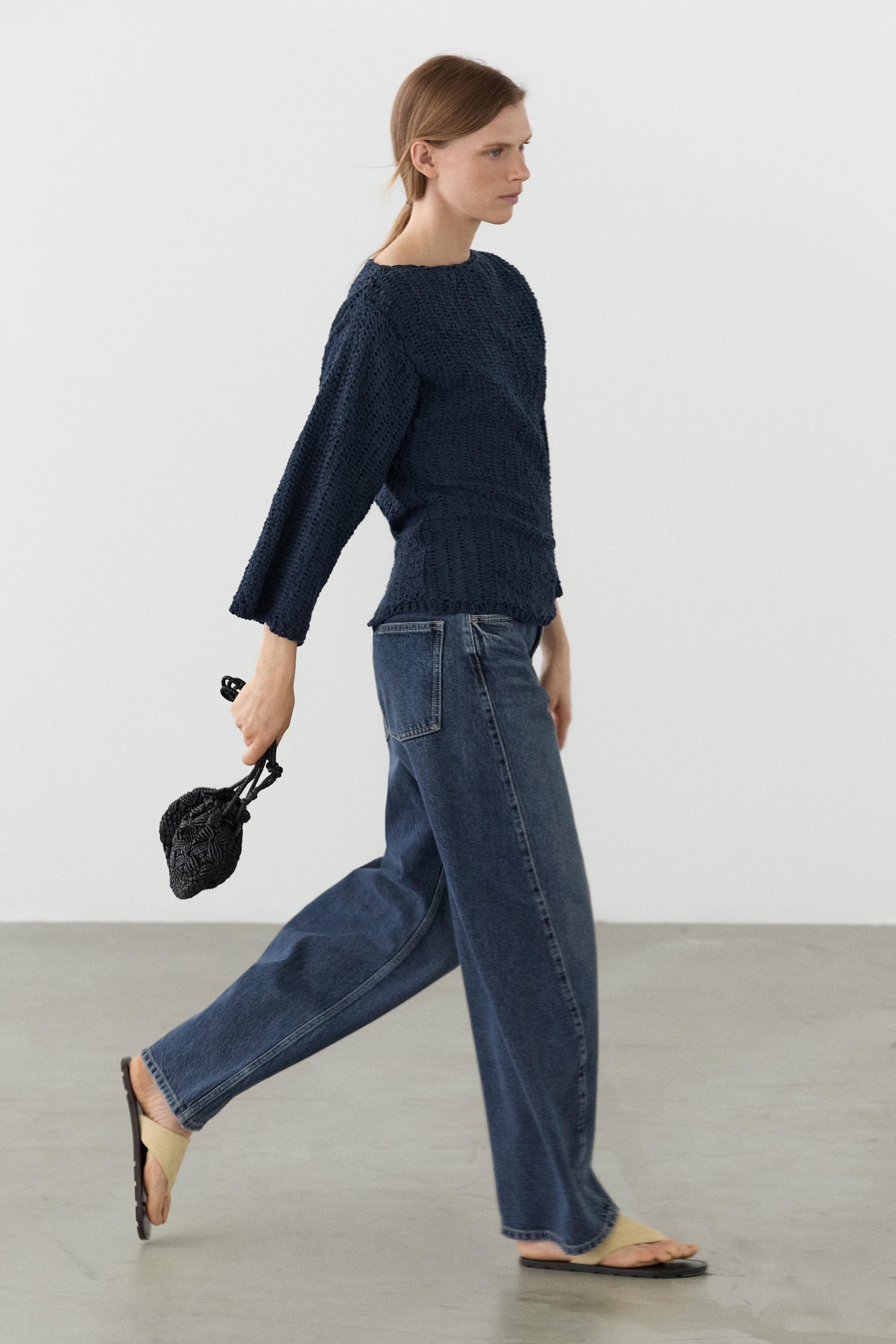 Textured cotton blend knit sweater